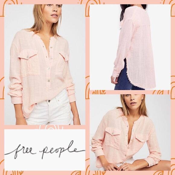 NWT MSRP $98 Free People Talk To Me Crinkled Frayed-Hem Shirt Women's Medium - Picture 1 of 11